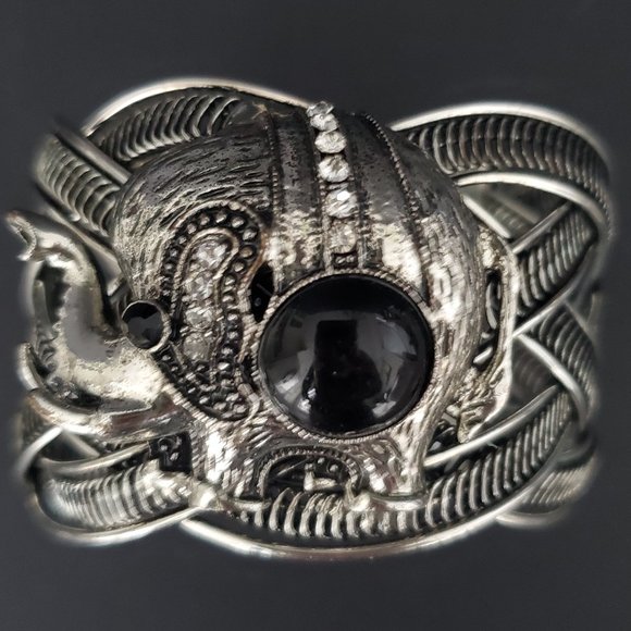 Brutalist Wide Cuff Bracelet Rustic Silver Tone Elephant Applique Woven Design - Picture 3 of 9